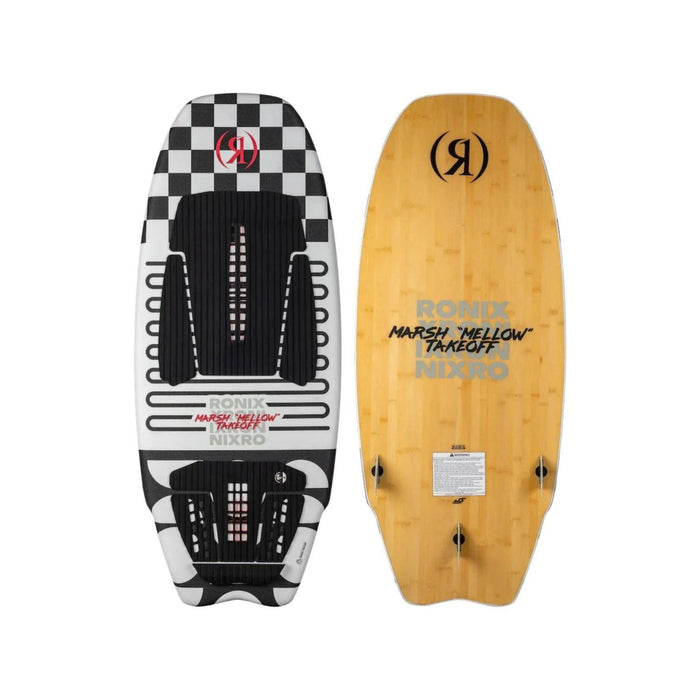 Top and bottom view of the 2026 Ronix Takeoff Marsh Mellow Wakesurf Board in Black and White with Wood on bottom.