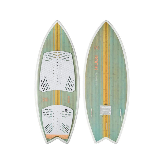 Top and bottom view of the 2026 Ronix Women's Koal Classic Fish Wakesurf Board in Teal and Wood Grain.
