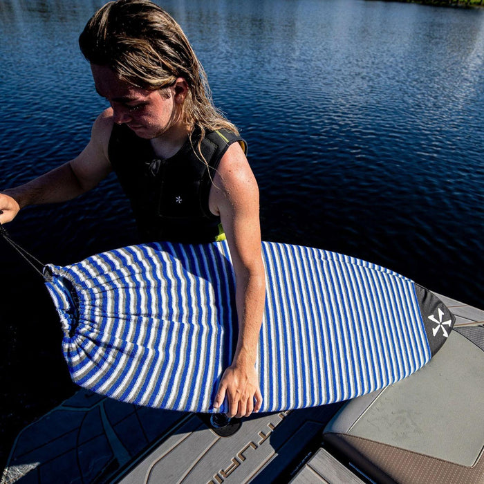 Wakesurf board protected by the White and Blue Phase 5 Surf Sock - Wakesports Essentials.